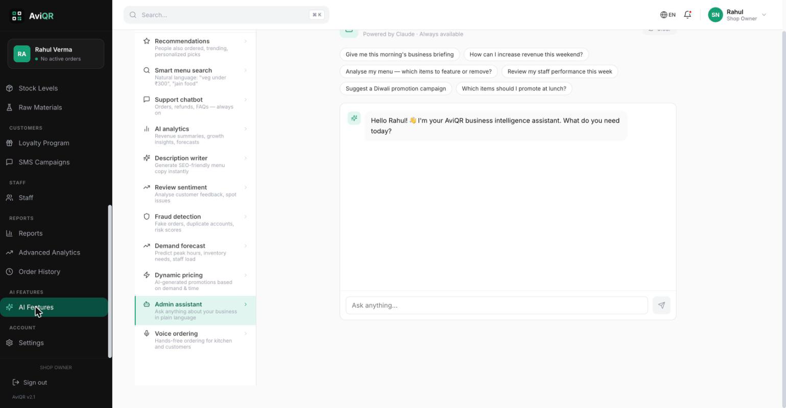AI Hub showing all 11 AI features and the admin assistant chat