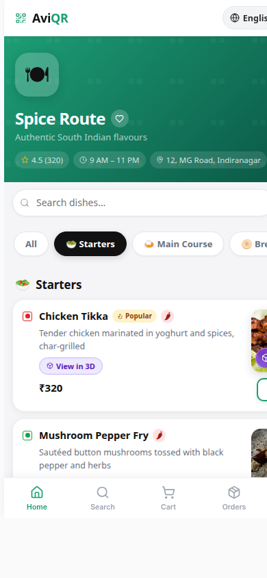 Customer-facing QR menu with real dish photos and a 3D preview badge