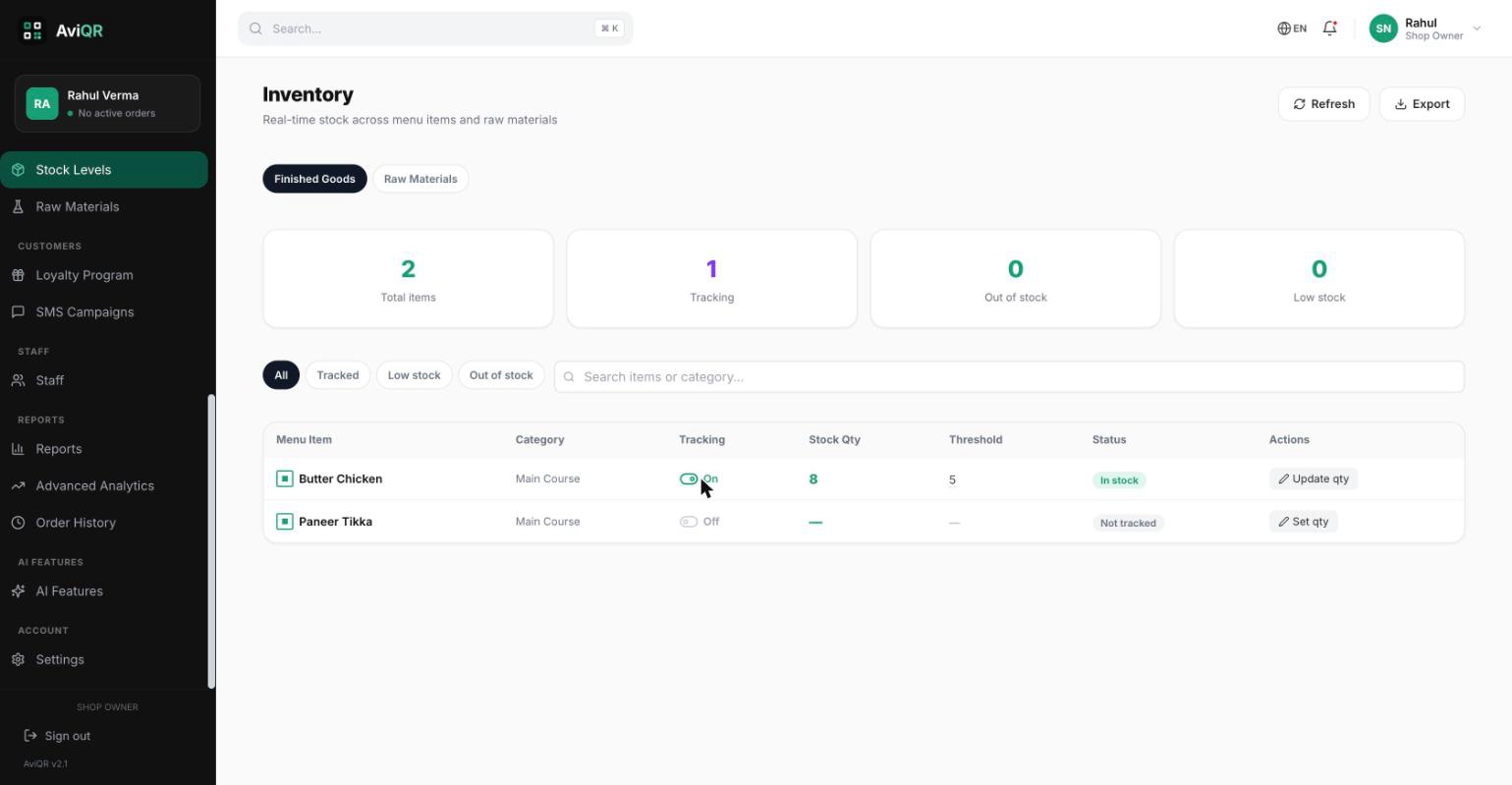 Inventory dashboard showing stock quantity and low-stock threshold for a menu item