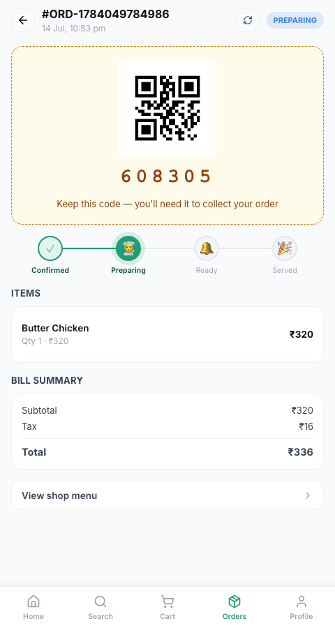 Live order tracking screen showing Confirmed, Preparing, Ready, Served steps