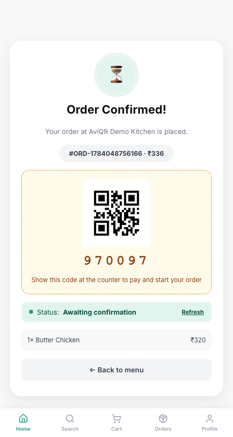 Order confirmation screen with a pickup QR code and status