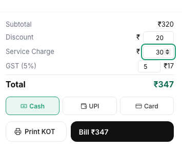 POS billing screen showing subtotal, discount, service charge and GST breakup