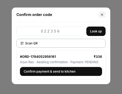 POS screen for looking up and confirming a customer order code