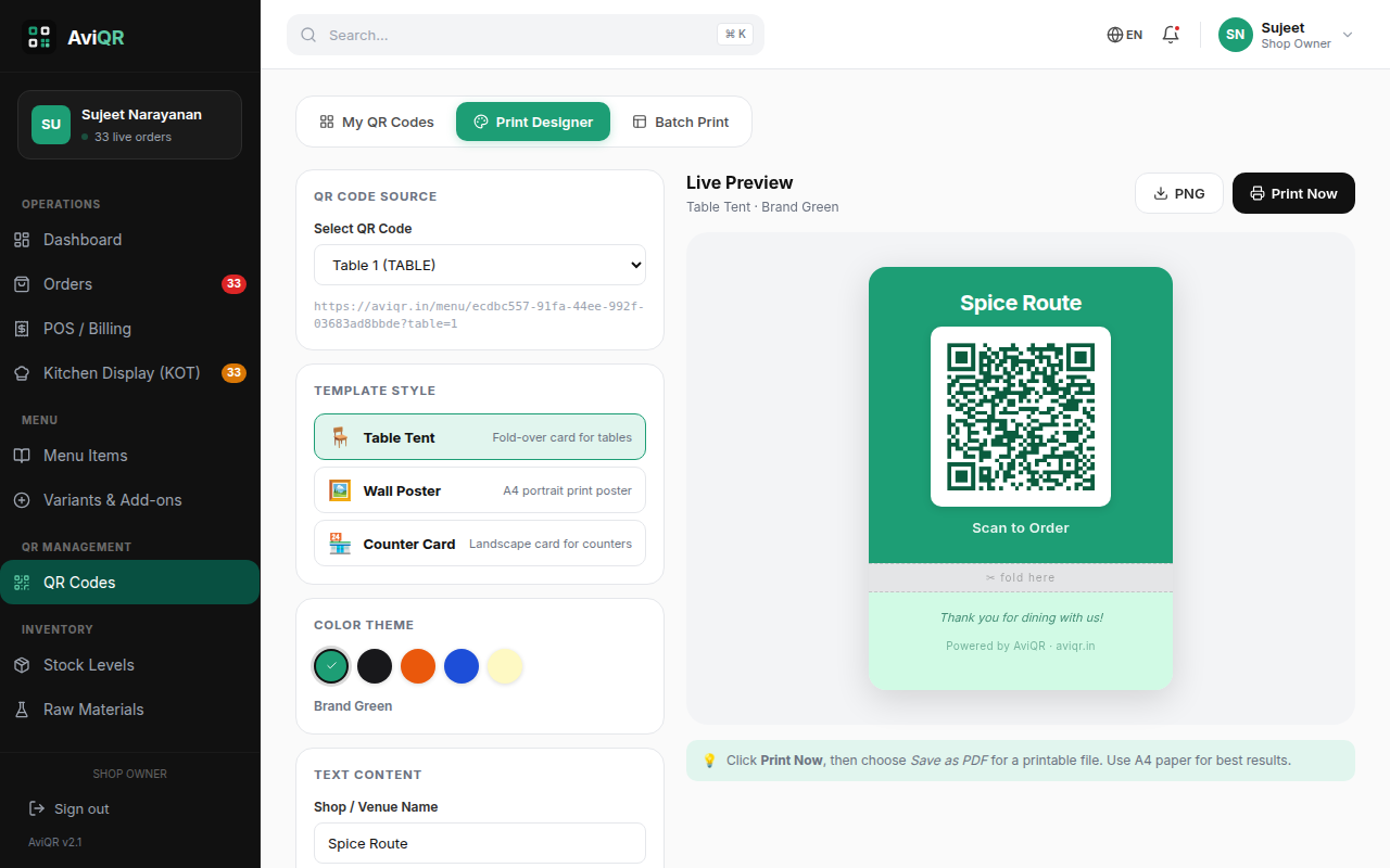 Print-ready QR code poster designer with live preview