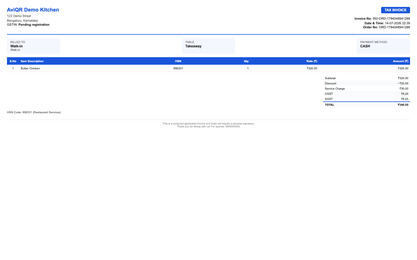 GST-compliant tax invoice generated after an order